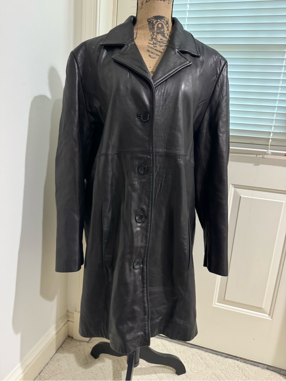 Wilsons Leather Black Long Button-Front Leather Coat